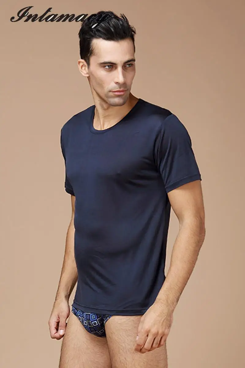 Мужская 100% натуральная шелковая вязка футболка Летняя мужская рубашка большого