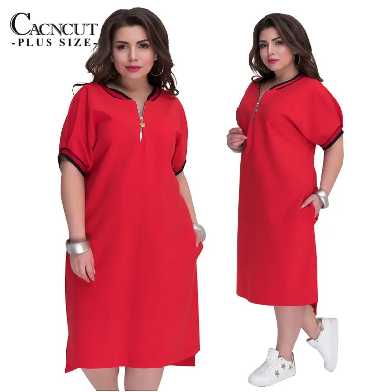 CACNCUT 5XL 6XL плюс размер прямые платья женские с круглым вырезом на молнии Большие размеры Летние повседневные свободные однотонные платья красные Vestidos