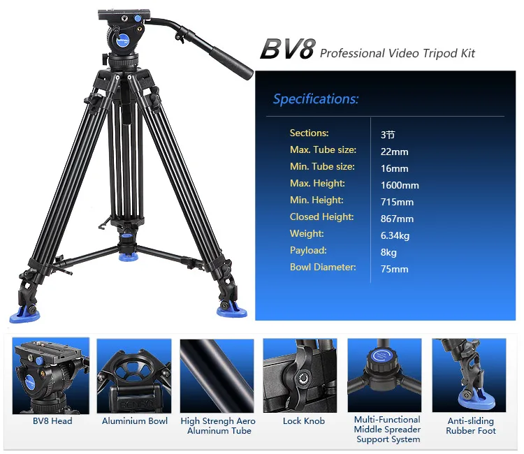 Benro BV6/BV4/BV8/BV10 серия штатив для камеры Регулируемый демпфирующий гидравлический PTZ фотография Профессиональный штатив