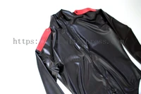 mens black latex bodysuit long sleeve jumpsuit uniform latex catsuit with shoulderboard and gloves with front zip to ass
