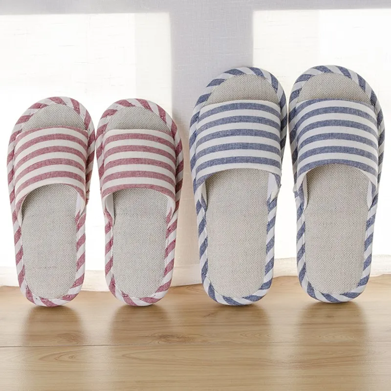 SMONSDLE 2019 spring summer autumn and winter seasons indoor linen slippers female non-slip couple horizontal stripes A154 | Обувь