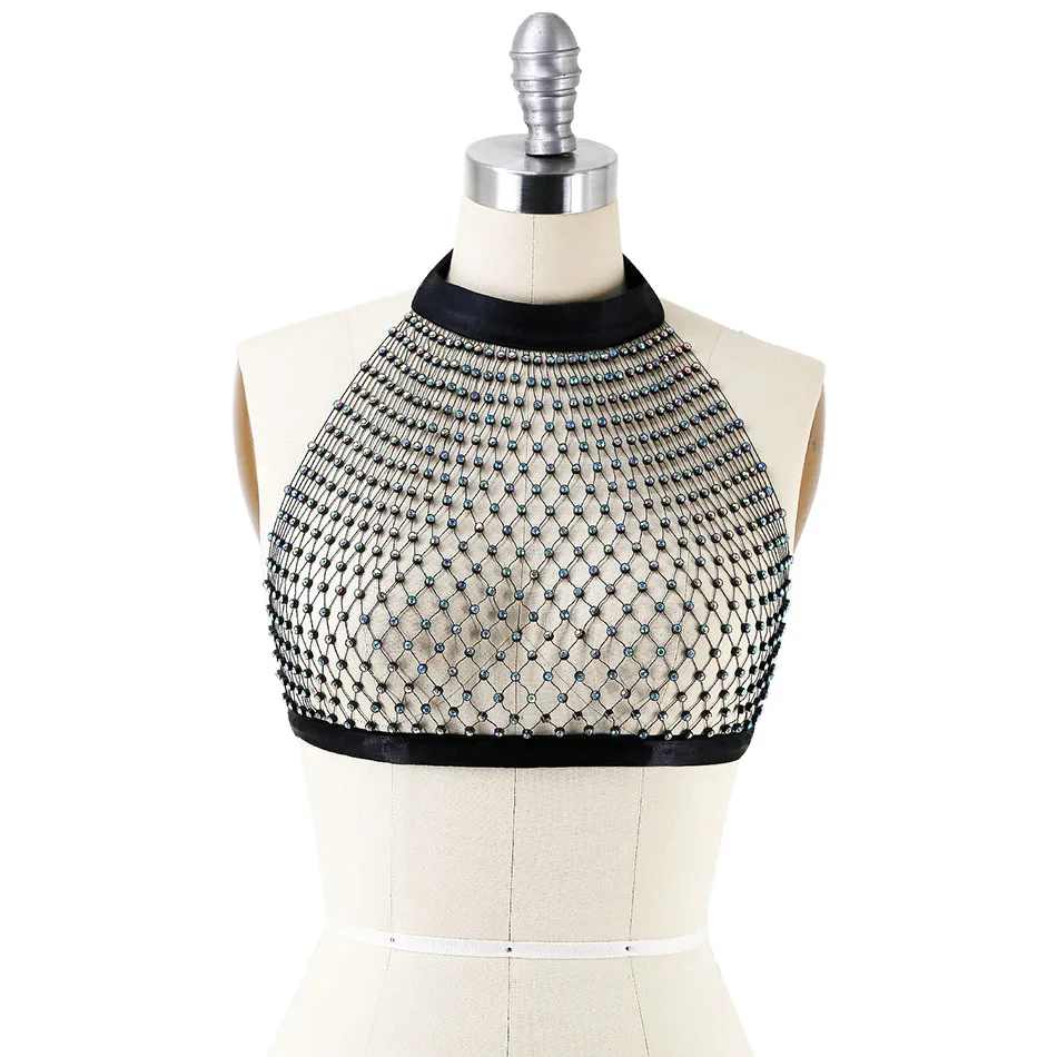 Модные женские топы с открытой спиной и вырезом на шее со стразами сексуальные в