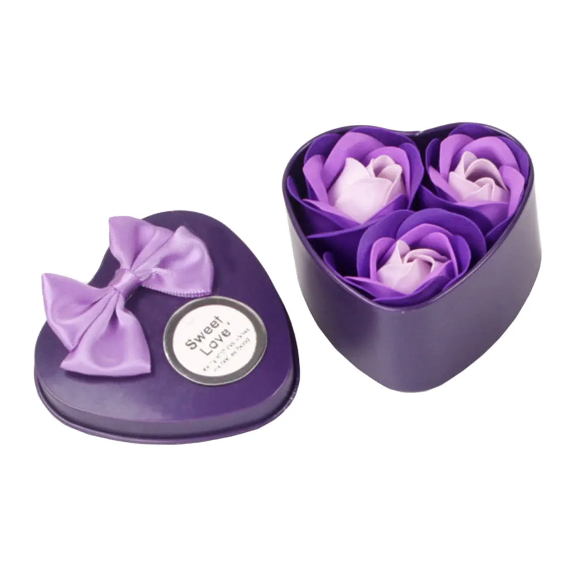 Purple 3Pcs Artificial Flower Rose Soap Flower Heart-Shaped Iron Box Scented Bath Body Petal Rose Small Gift Box