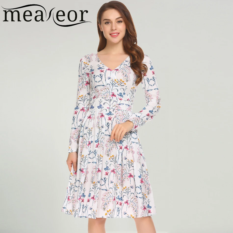 Meaneor женское модное платье с v-образным вырезом длинным рукавом цветочным