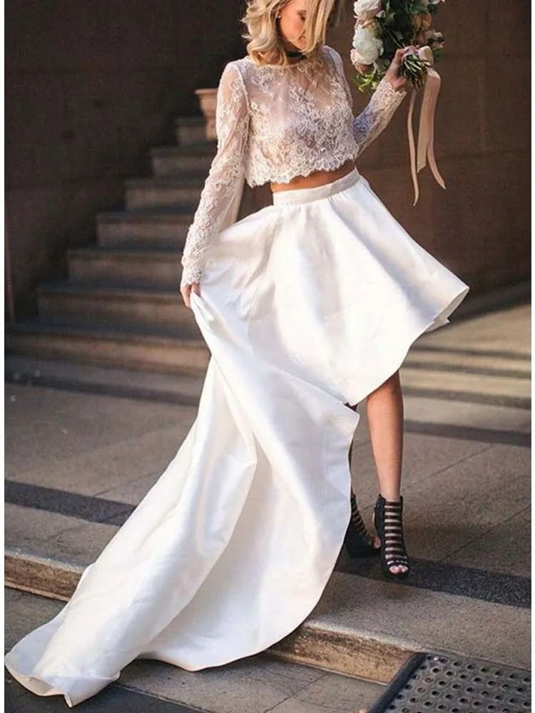 

Gorgeous Two Piece High Low Wedding Dresses Lace Long Sleeves White A Line Wedding Gown