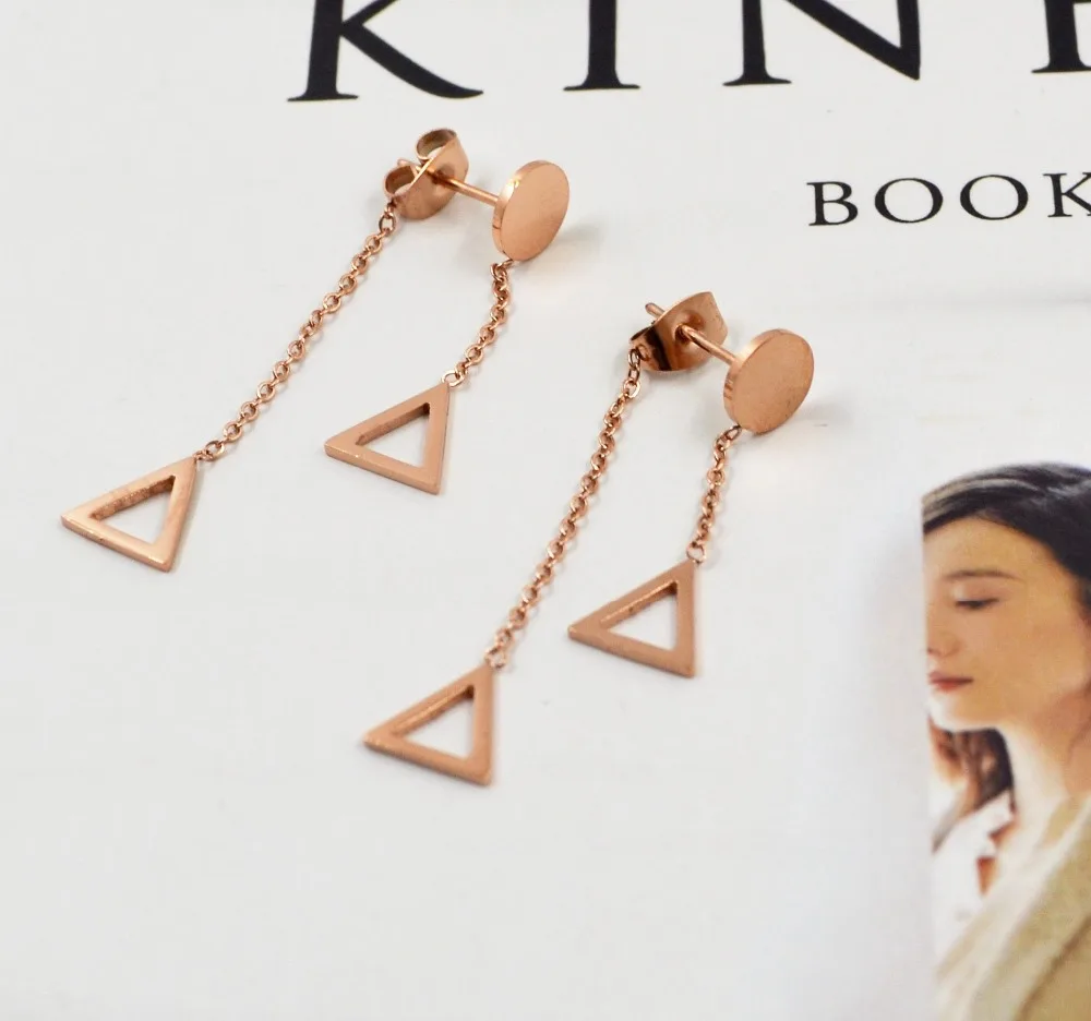 

YUN RUO Elegant Triangle Drop Tassels Stud Earring 316 L Titanium Steel Rose Gold Color Jewelry Woman Girl Fashion Gift 2017
