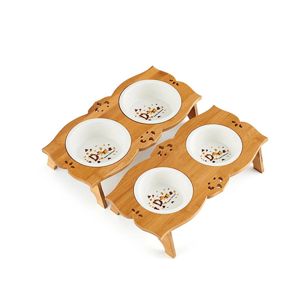 Бамбуковая приподнятая стойка чаша для собак кошек Двойные керамические s