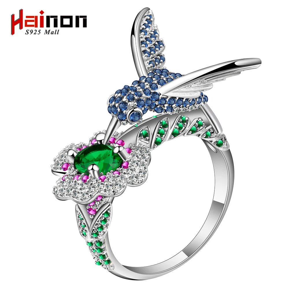 Женское кольцо из серебра 2017 пробы с цветным цветком и птицей|ring jewelry|wedding ringsdesigner