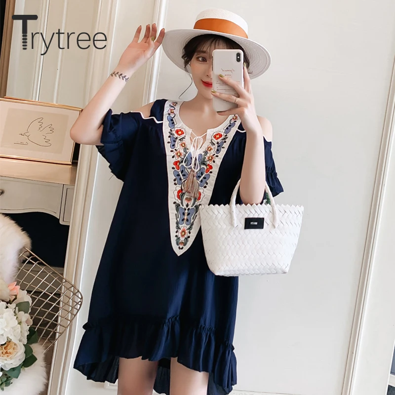 Trytree/летнее Повседневное платье из полиэстера с цветочной вышивкой и открытыми
