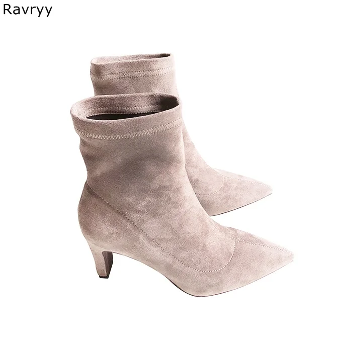 Женские замшевые ботильоны короткие ботинки с острым носком на низком каблуке