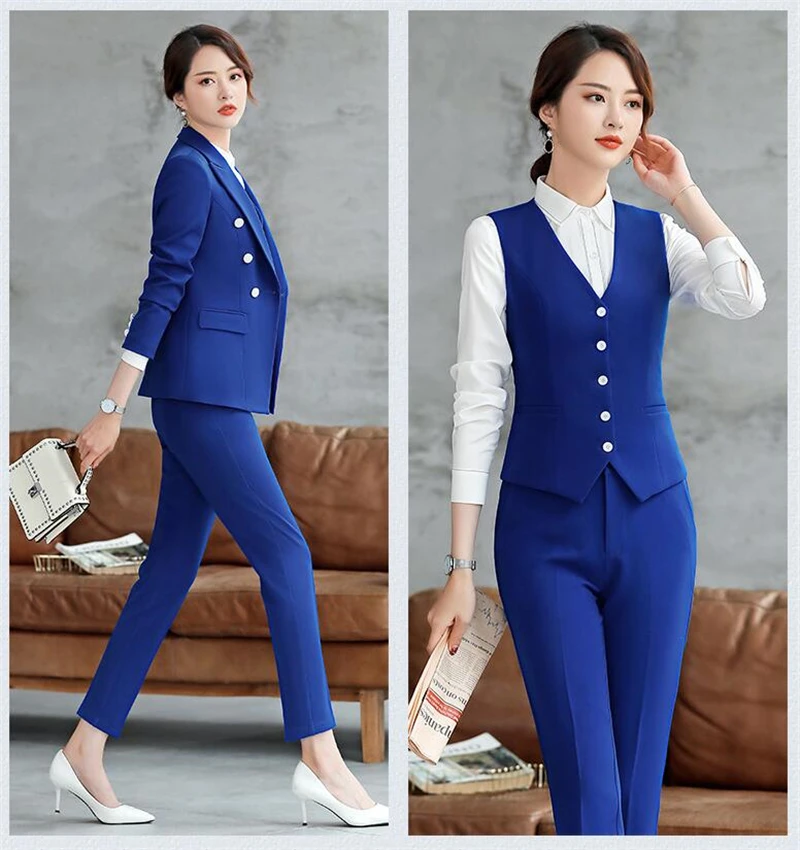 High Quality 3 Piece Sets Work Pant Suits OL Single Breasted Women Blazer Jacket& Zipper Trousers& Vest Suit For Women Set