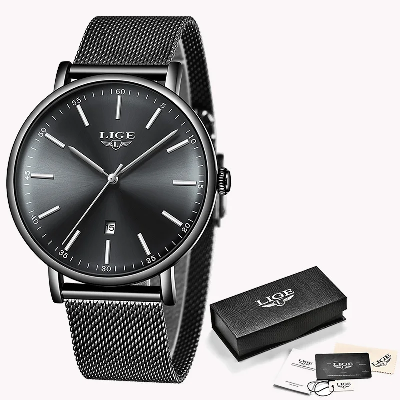 All black LIGE, женские часы, Лидирующий бренд, Роскошные, для девушек, с сетчатым ремешком, ультра-тонкие часы, нержавеющая сталь, водонепроницаемые часы, кварцевые часы, Reloj Mujer - Цвет: All black