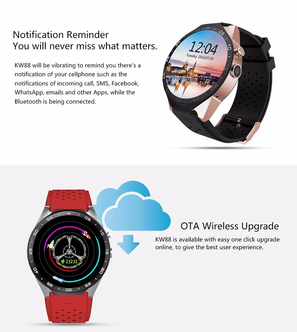 EXRIZU KW88 Android 5,1 OS Smartwatch телефон 3g gps wifi 1,3" AMOLED экран Смарт часы 2.0MP камера Датчик тяжести шагомер