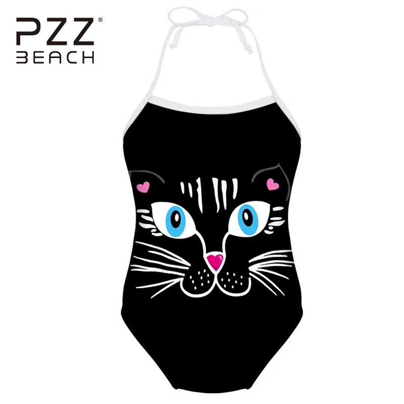 Милый котенок печати девушки купальники Черный Холтер Купальник High Neck Bodysuit Кот