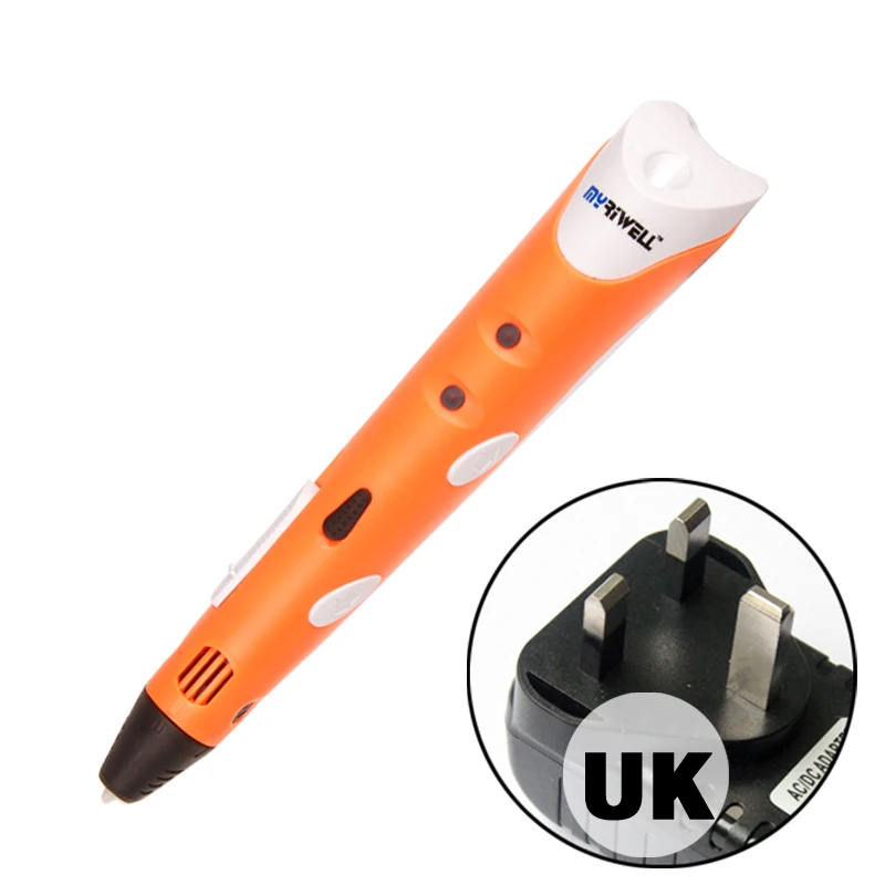 Myriwell 3d печать pen1.75 мм ABS Смарт 3D Ручка для рисования+ нить+ адаптер креативный подарок для детей дизайн живопись - Цвет: Orange UK Adapter