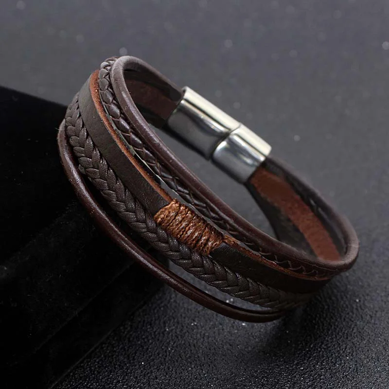 2018 модный простой черный/коричневый многослойный Плетеный браслет ручной работы