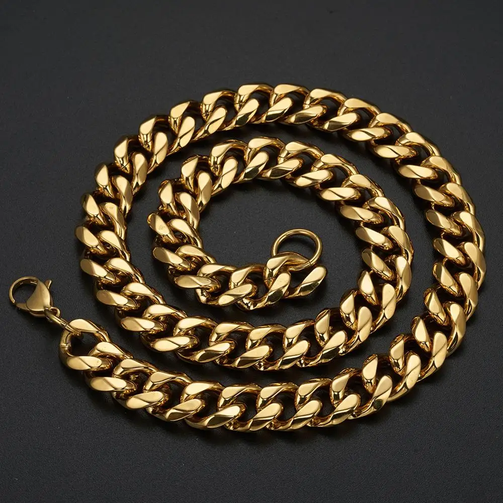 

15MM 16"-40" Gold Color Stainless Steel Collar Necklace Mens Gold Chain Necklace Male Cuban Link Chain Necklaces Collares