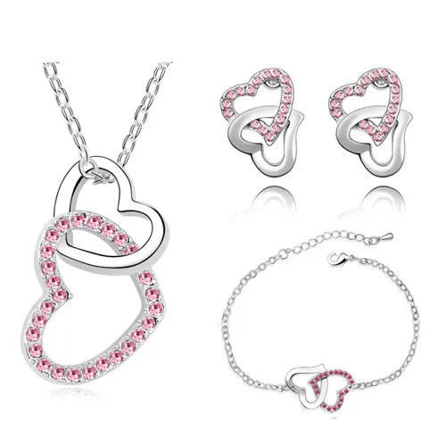 brand wedding Free Shipping Czech Crystal rhinestones Double Heart necklace bracelet earrings fashion Jewelry Sets accessories | Украшения