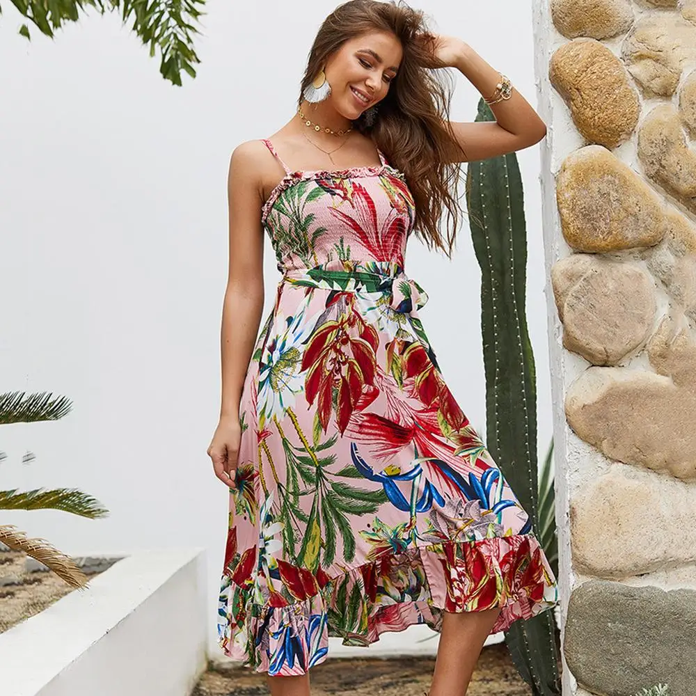 Women Boho dress Floral Sling Ruffled Fashion New Retro Sexy Long elegant Dress hot sale this Summer new arrival | Женская одежда