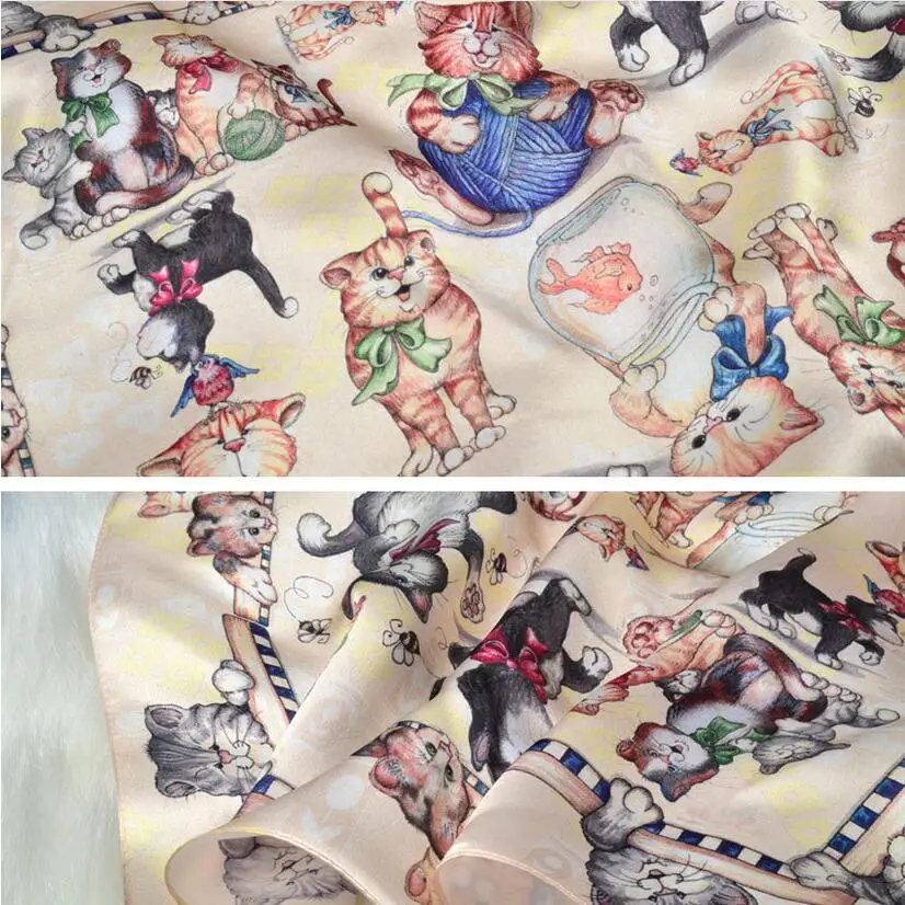 Милые кошки Бандана с принтом 100% атласный Шелковый платок небольшой квадратный