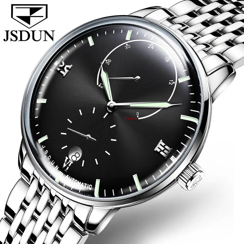 Silver Black Relogio Masculino JSDUN мужские часы лучший бренд класса люкс автоматические механические часы для мужчин полный стальной Бизнес водонепроницаемые спортивные часы - Цвет: Silver Black