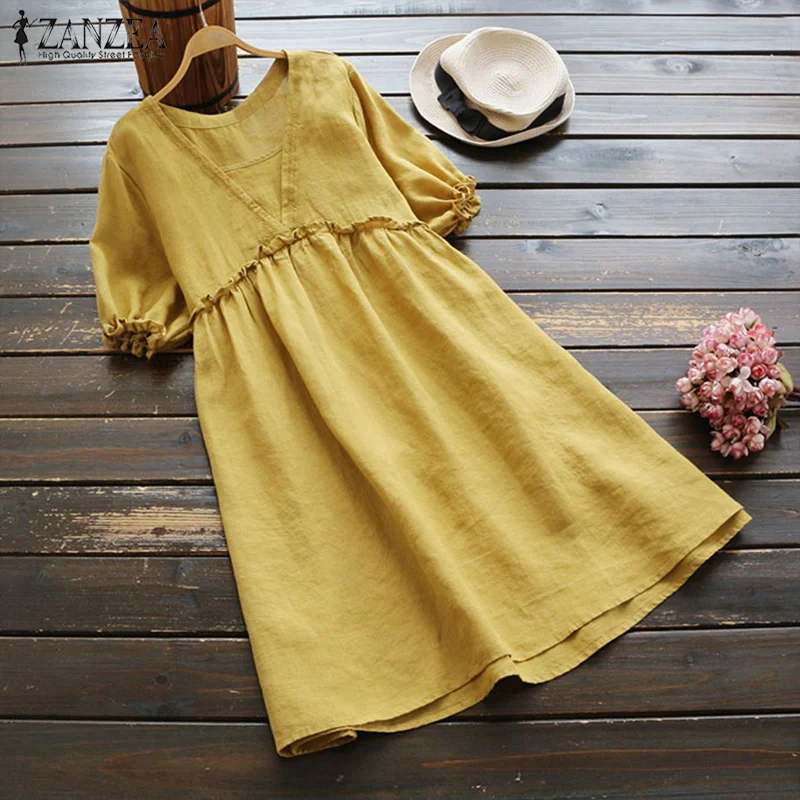 Женское плиссированное платье с пышными рукавами Vestido ZANZEA, летнее платье, женские вечерние платья с оборками, Длинный топ, негабаритный Элегантный женский хлопковый сарафан