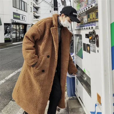 dark khaki as pictur Новинка, длинное меховое пальто для мужчин, корейская мода, высокое качество, толстое шерстяное пальто, свободное двубортное кашемировое пальто для мужчин, M-XL - Цвет: dark khaki as pictur