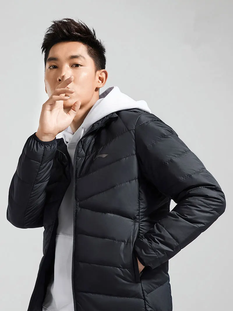 Li-Ning мужской тренировочный пуховик с капюшоном, полиэстер, 90% белый утиный пух, 3D Подкладка, теплые спортивные пальто AYMN049 MWY304