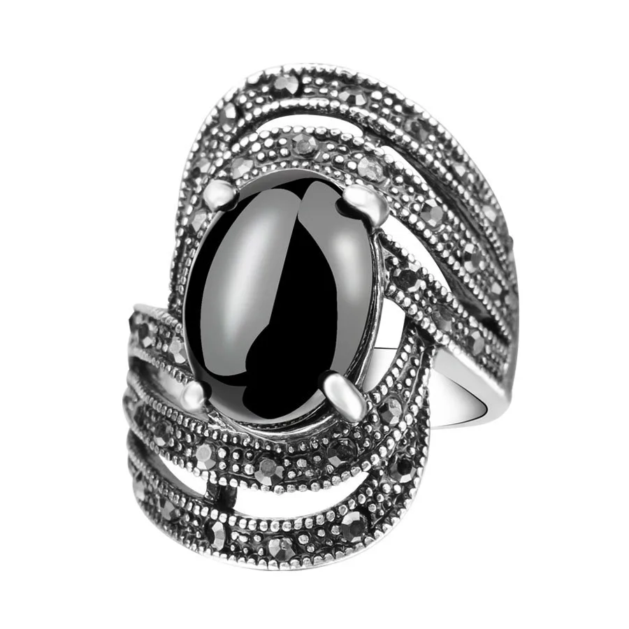 Vintage Black Crystal Opals Rings Women Retro silver color jewelry Ring punk Bijoux anel masculino bague femme Bulgaria rings | Украшения и