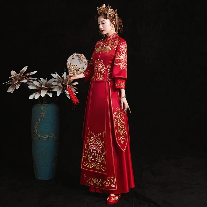 Традиционное китайское свадебное платье Cheongsam с длинным рукавом халат вышивкой