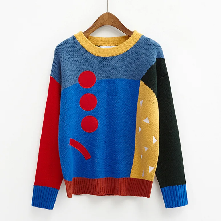 High Quality Women Thick Sweater Autumn Winter New 2017 O Neck Harajuku Colorful Stitching Oversized Knitted Tops Men Sweaters | Женская