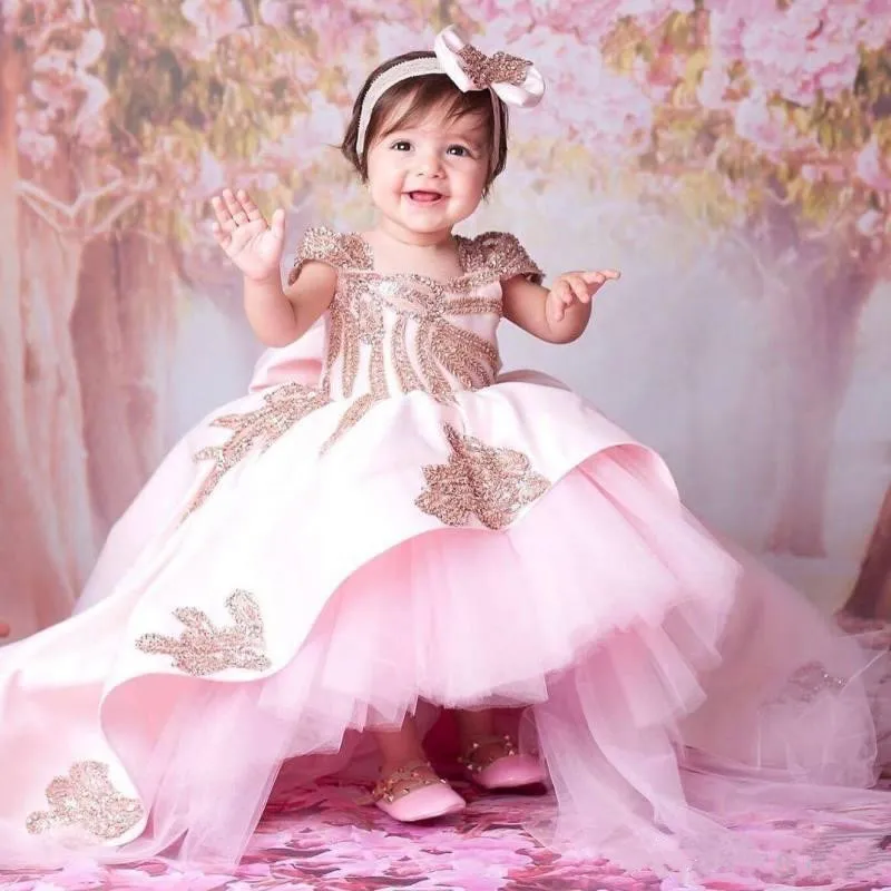 Pink Baby Girls Birthday Dress Sweep Train Beaded Applique Kids Formal Wear Cute Bow Flower Dresses Customized Size | Детская одежда и