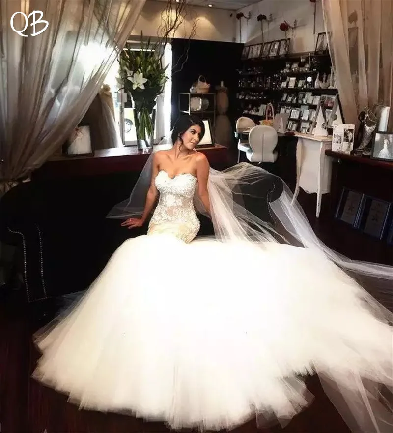 Сексуальные свадебные платья 2019 Русалка Милая с оборками со шлейфом кружевные