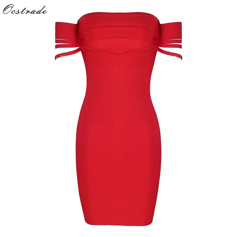 Красный Ocstrade Vestido вискозное Бандажное платье Новое поступление летнее высококачественное желтое Сексуальное бандаж голые плечи платье Вечерние - Цвет: Красный