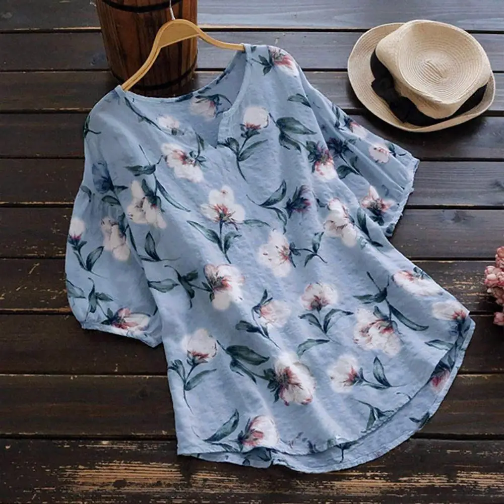 Фото Женская винтажная льняная блузка бохо свободная с v образным вырезом коротким