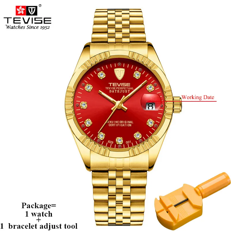 red Tevise Роскошные Мужские автоматические часы, золотые часы из нержавеющей стали, мужские механические наручные часы с датой, Reloj Hombre 629 - Цвет: red