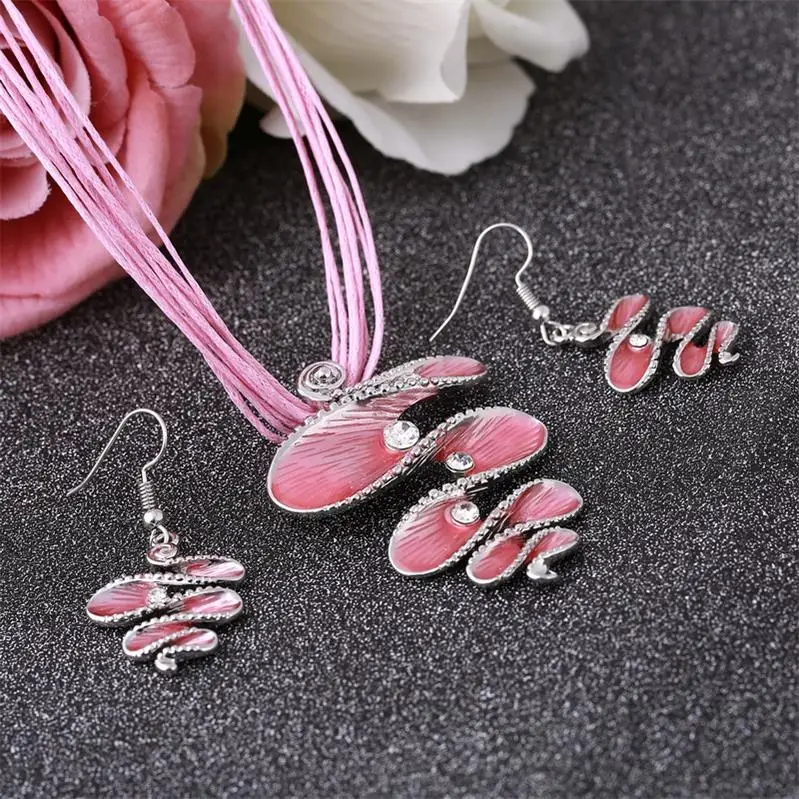 F618 pink MINHIN, Классический ювелирный набор, модный спиральный дизайн, античный серебряный кулон, веревка, ожерелье, наборы, опт, очаровательный ювелирный набор - Окраска металла: F618 pink