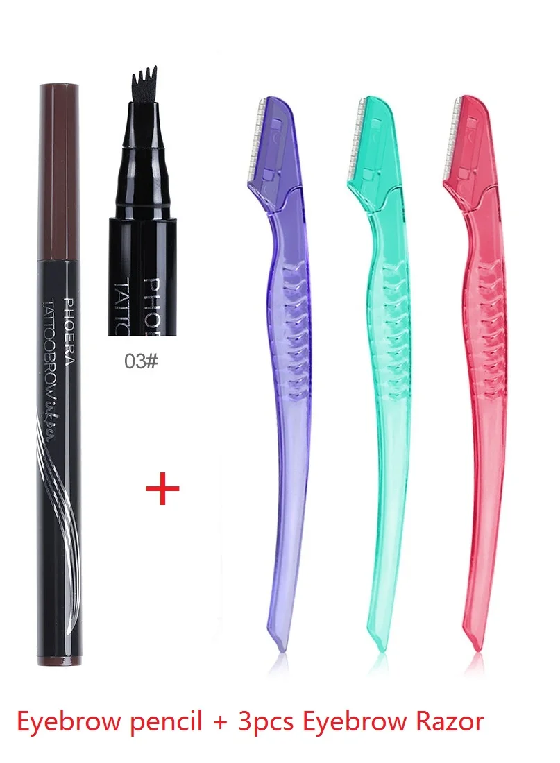 3BLACKBROWN PHOERA вилка Совет водонепроницаемый карандаш для бровей тонкой эскиз Microblading TattooPen wenkbrauw potlood+ 3 шт. Брови бритвы Косметика Инструмент - Цвет: 3BLACKBROWN