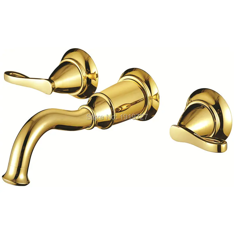 High Quality Unique Classic 3 Hole Wall Sink Basin Tap Bathroom Spout Faucet With Double Lever In Polished Gold included Valve |