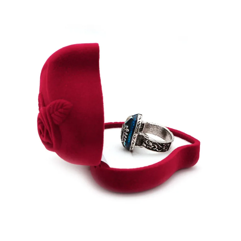 

Red Heart Shaped Jewelry Ring Box Velvet Rose Pattern Love Ring Storage Display