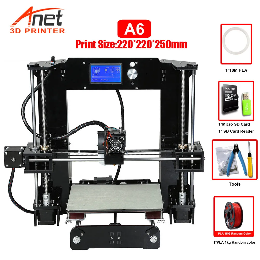 A6 With 1KG PLA Anet Auto A6 A8 3d принтер с высокой скоростью печати Reprap Prusa i3 высокоточные игрушки DIY 3d Принтер Комплект с нитью алюминия Горячая кровать - Цвет: A6 With 1KG PLA