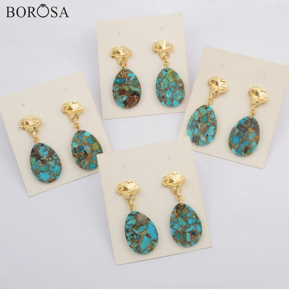 Женские медные сережки BOROSA Gild в форме каплевидной капли натуральная бирюза из