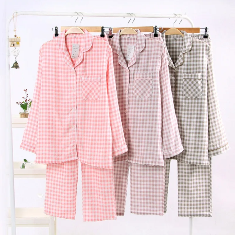 

Couple Pajamas set gauze Cotton Pajamas Plaid pijamas Women&Men pyjamas Full Sleeve Autumn Spring 2pcs Sleepwear Lounge wear