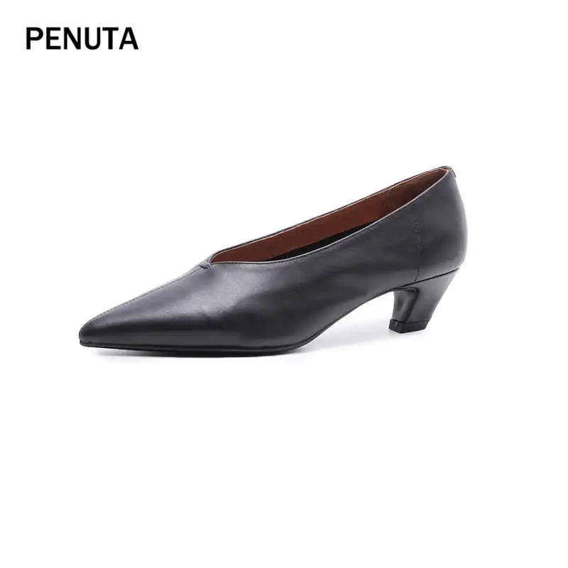 Black PENUTA/; женская обувь на каблуке; туфли-лодочки из натуральной кожи; женская обувь заостренная; женская обувь Лолиты; европейский дизайн; PG917 - Цвет: Black