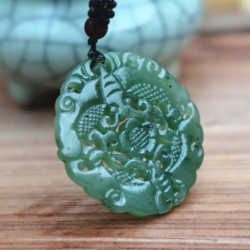 

(Certificate)Drop Shipping Fine carving Natural Green HETIAN Stone Hollow Pendant Necklace Lover's fashion jades Jewelry