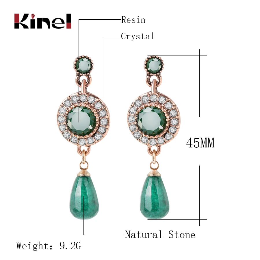 Женские серьги подвески с натуральным камнем Kinel античное золото Капля воды