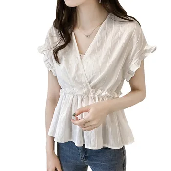 Summer Blouse Women Fashion Sweet Ruffles Short Butterfly Sleeve Shirt Striped V-Neck Shirt  Tops blusas mujer de moda 1