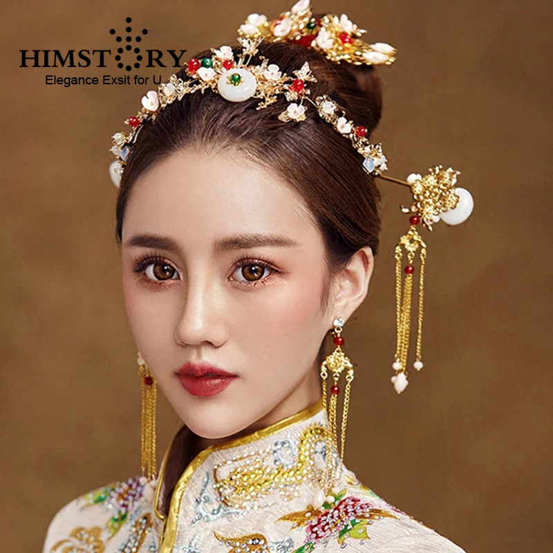 

HIMSTORY Traditional Chinese National Wedding Hair Accessories Brides Hairpins Hairstick Earrings Bridal Hairwear Jewelry