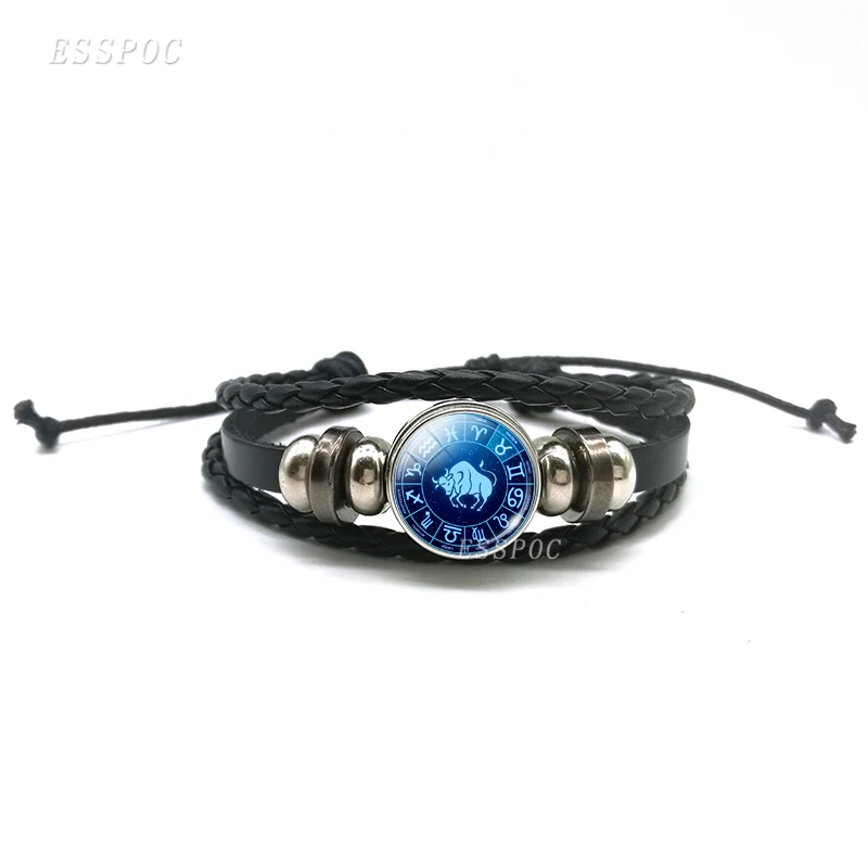 12 Созвездие панк браслет Водолей, рыбы Овен, Телец Близнецы Знак зодиака Кнопка плетеный кожаный браслет для женщин и мужчин - Окраска металла: Taurus