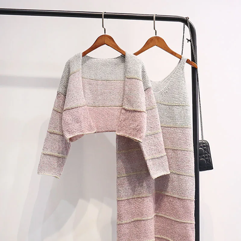 Осеннее трикотажное платье из двух частей женские вязаные платья на бретельках +